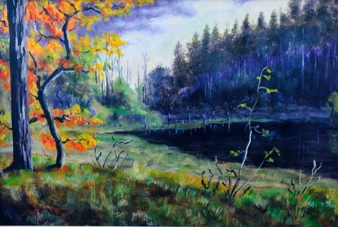 Original oil painting of autumn forest